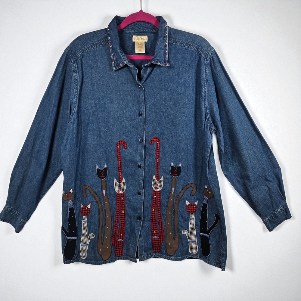 Bobbie Brooks Denim Button Up Shirt Woman XL‎ Cat Applique Embellished Collar